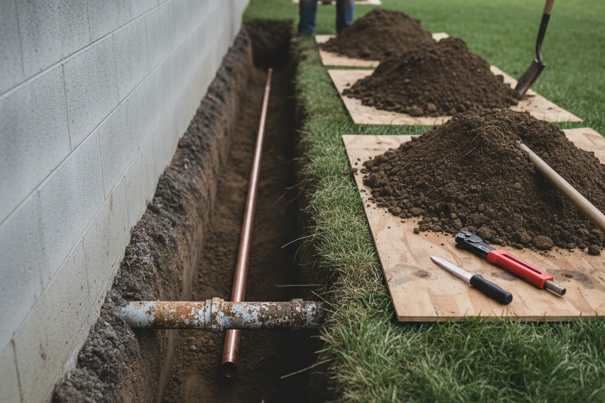 Excavated water line trench during Water Softener Installation in Tipp City